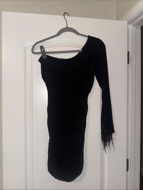 City Studio Black One-Shoulder Ruched Dress with Feathered Cuff
